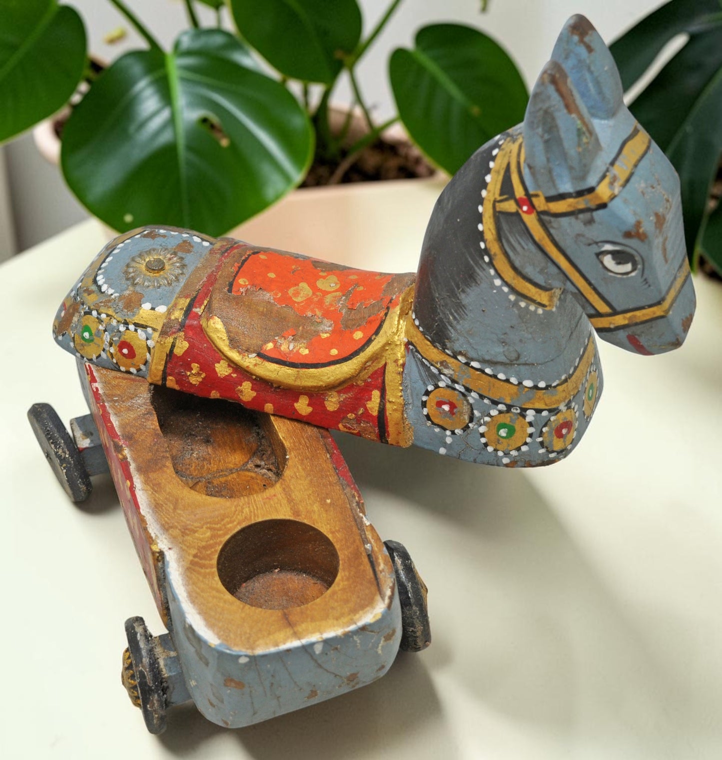 Fine Hand Carved Wooden Horse on Wheels Figurine Spice Box Rustic Painted