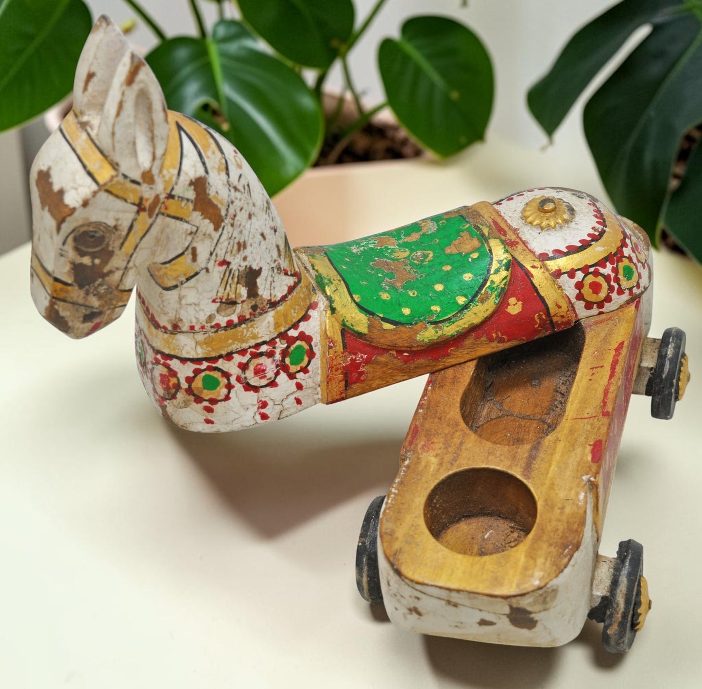 Fine Hand Carved Wooden Horse on Wheels Figurine Spice Box Rustic Painted