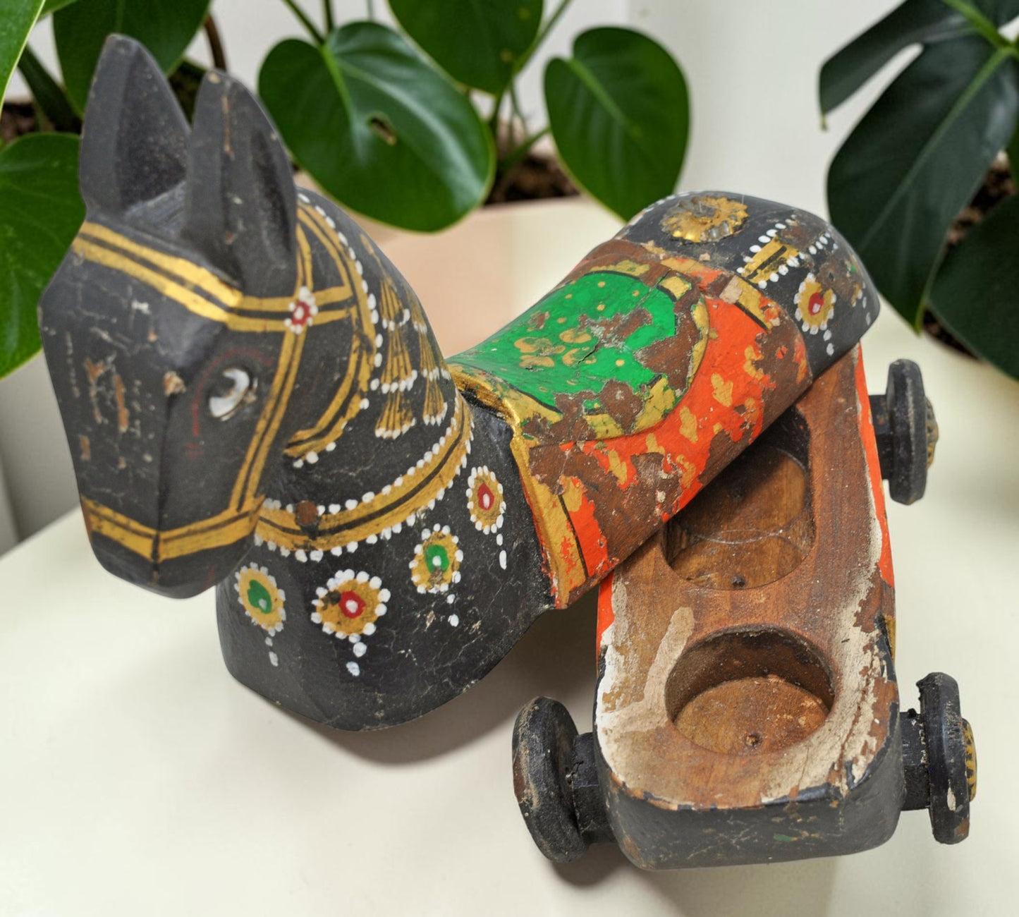 Fine Hand Carved Wooden Horse on Wheels Figurine Spice Box Rustic Painted