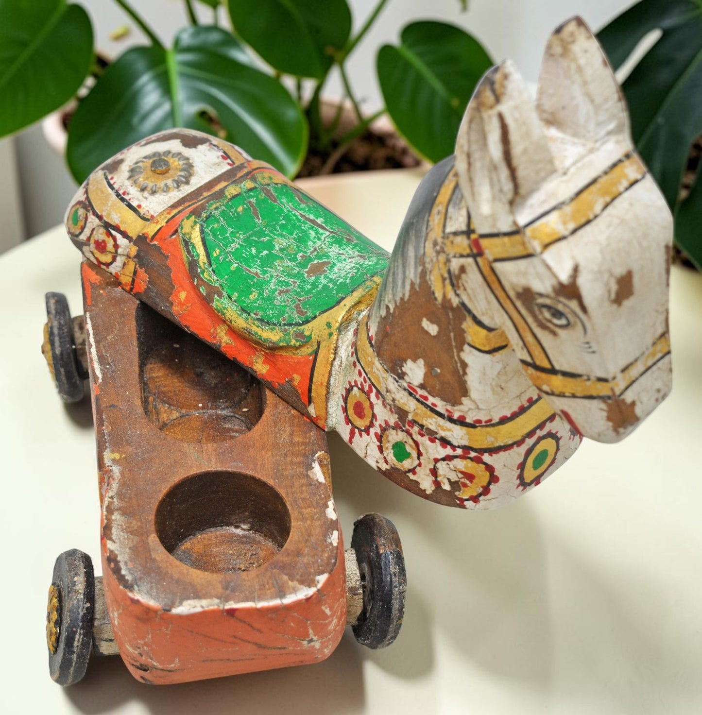 Fine Hand Carved Wooden Horse on Wheels Figurine Spice Box Rustic Painted