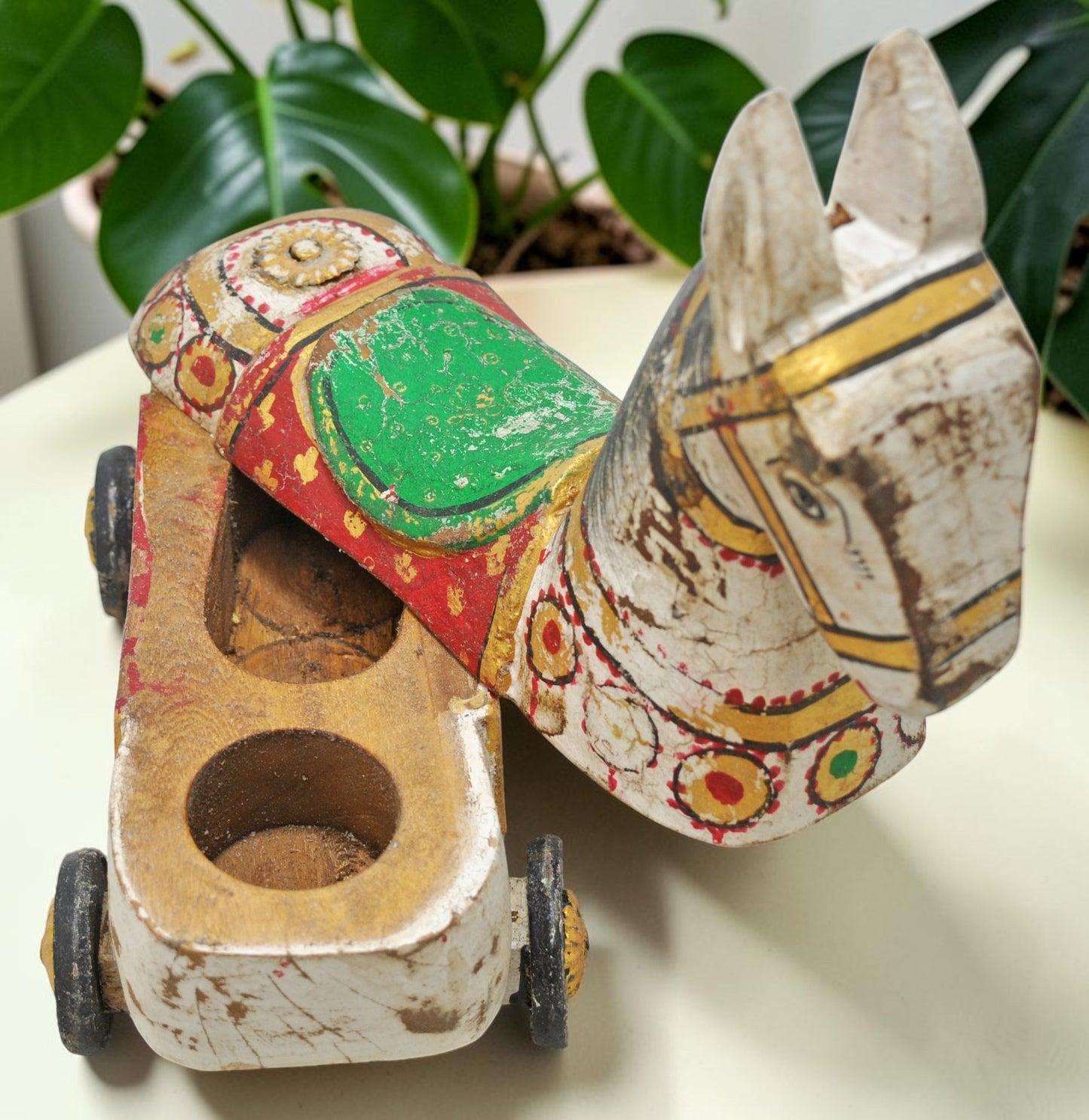 Fine Hand Carved Wooden Horse on Wheels Figurine Spice Box Rustic Painted