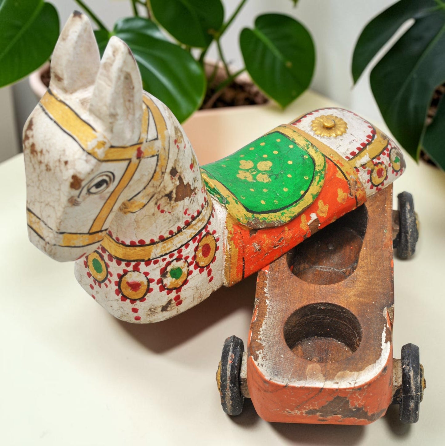 Fine Hand Carved Wooden Horse on Wheels Figurine Spice Box Rustic Painted