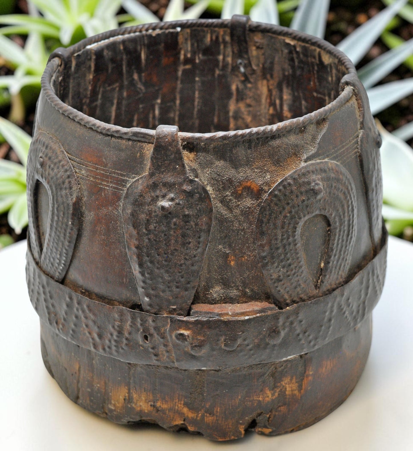 Antique Wooden Grain Measurement Pot Original Old Hand Carved Metal Fitted