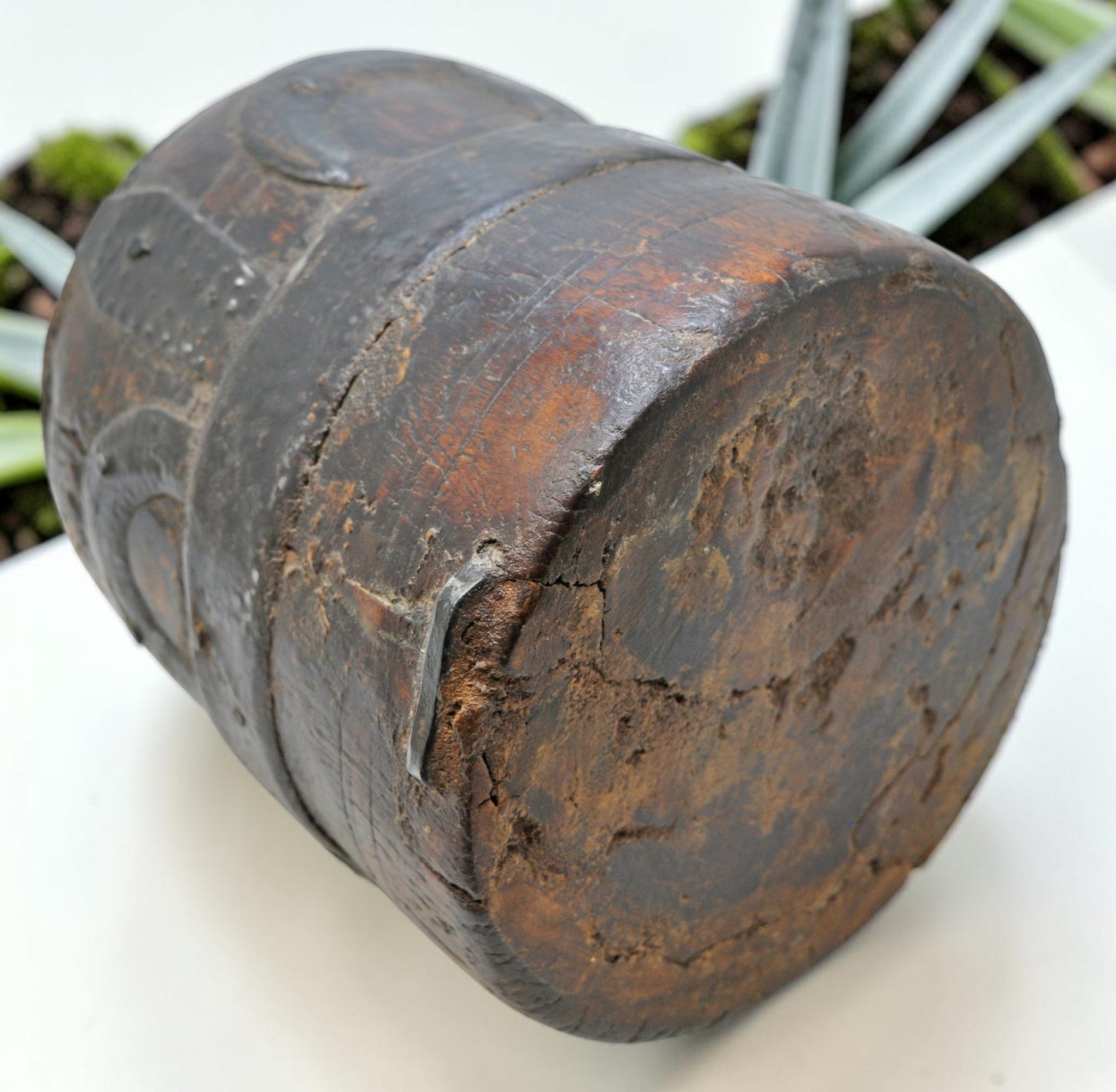 Antique Wooden Grain Measurement Pot Original Old Hand Carved Metal Fitted