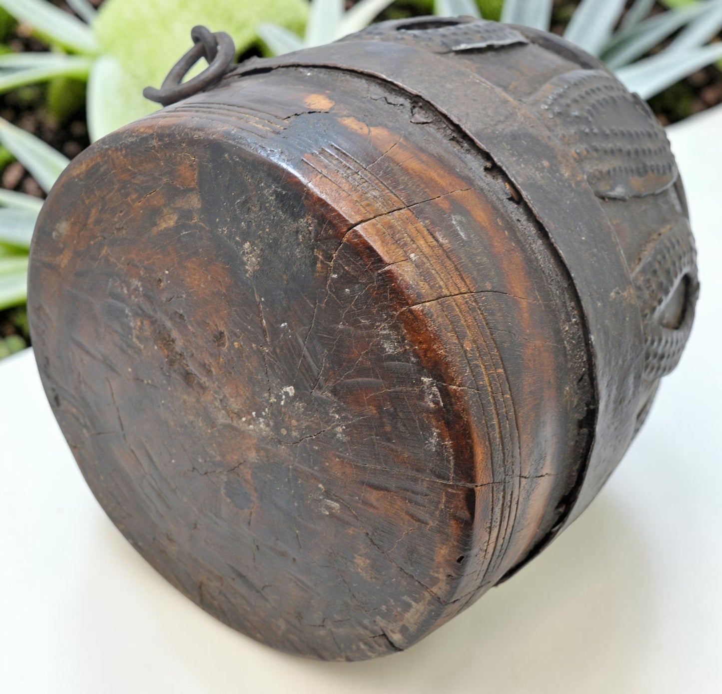 Antique Wooden Grain Measurement Pot Original Old Hand Carved Metal Fitted