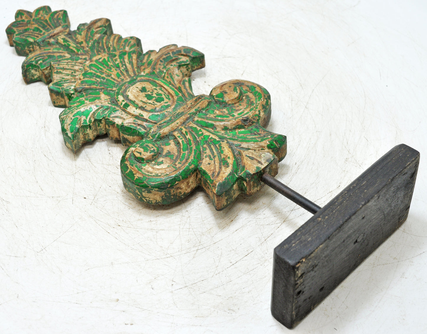 Fine Hand Carved Wooden Flower Carving Panel Plaque Rustic Painted Green
