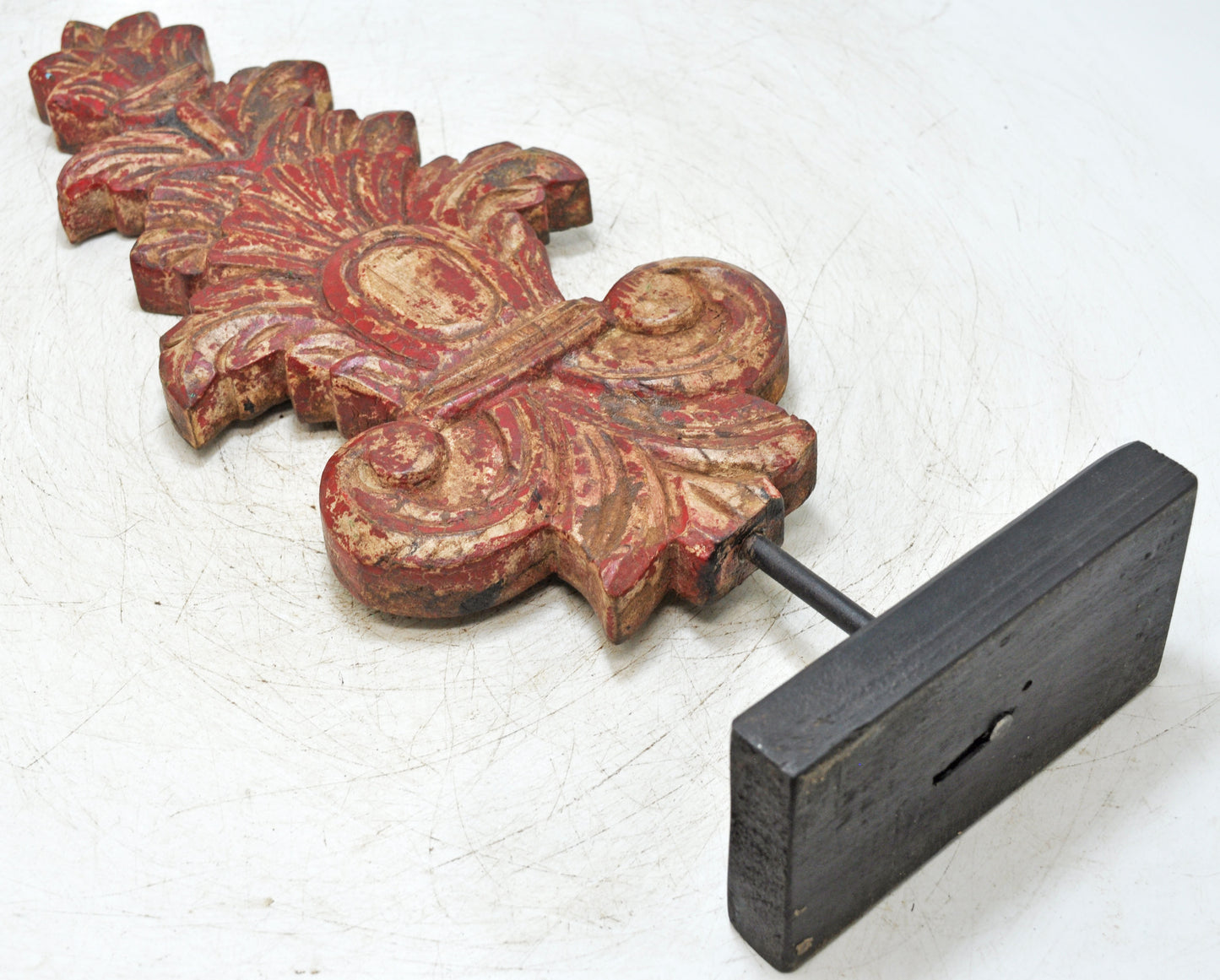 Fine Hand Carved Wooden Flower Carving Panel Plaque Rustic Painted Red