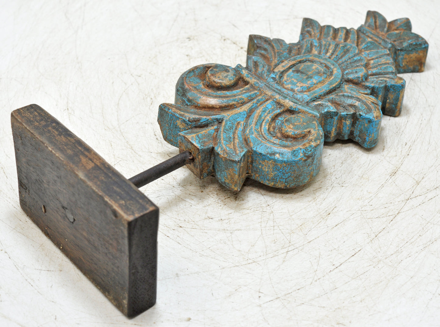 Fine Hand Carved Wooden Flower Carving Panel Plaque Rustic Painted Blue
