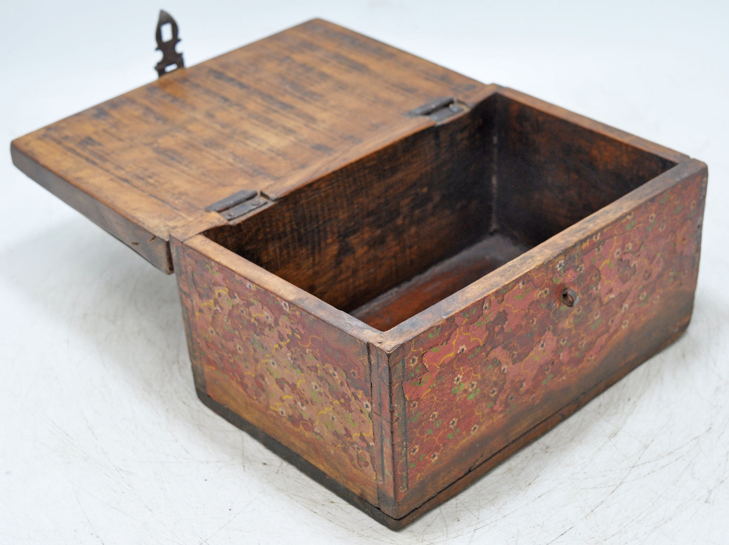 Vintage Wooden Storage Box Original Old Hand Crafted Fine Painted Metal Fitted