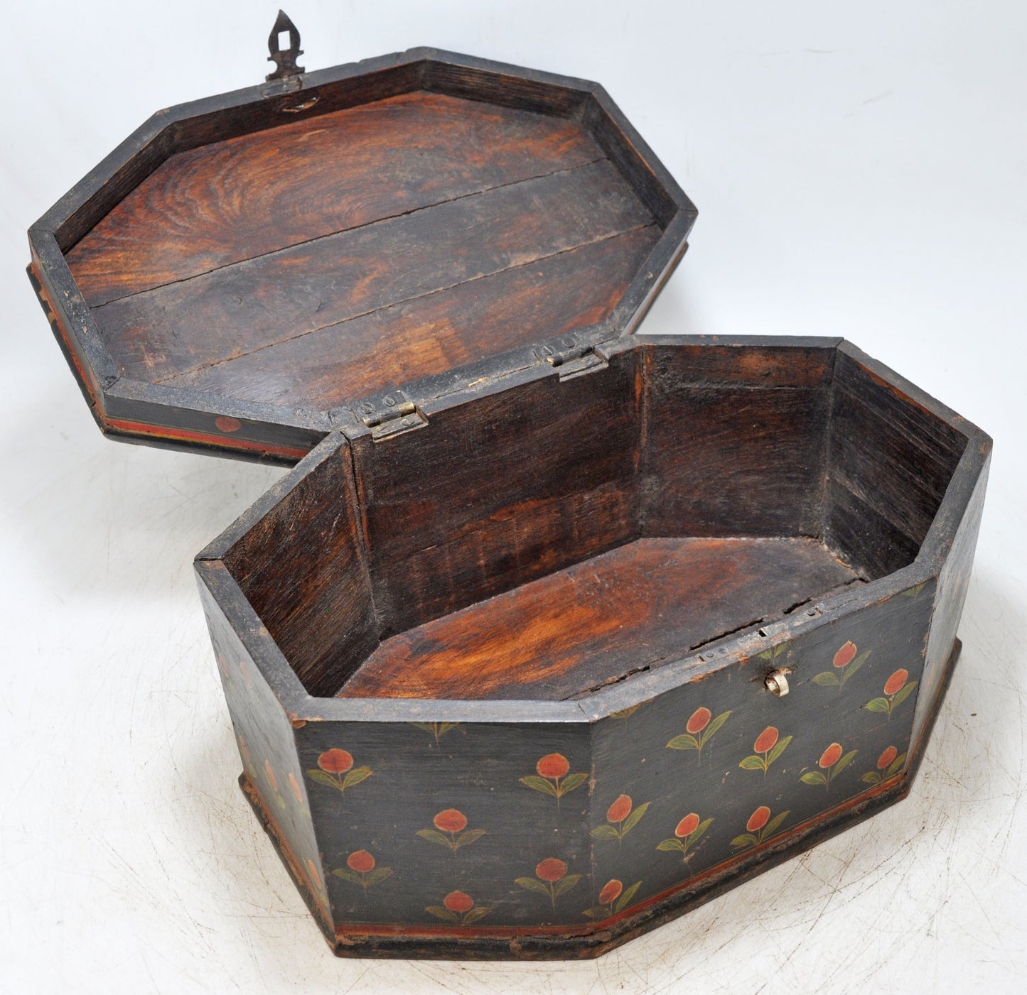 Vintage Wooden Hexagonal Storage Box Original Old Hand Crafted Fine Painted