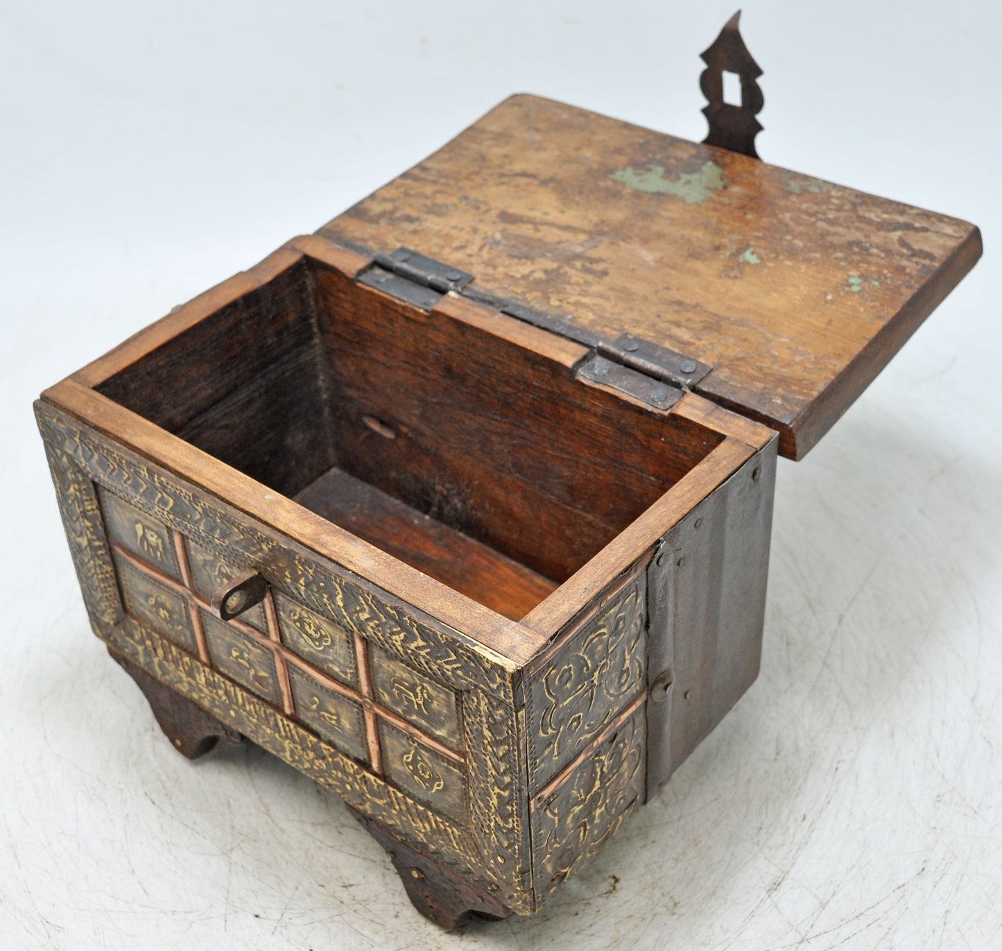 Vintage Wooden Small Drawers Storage Box Original Old Hand Crafted Metal Fitted