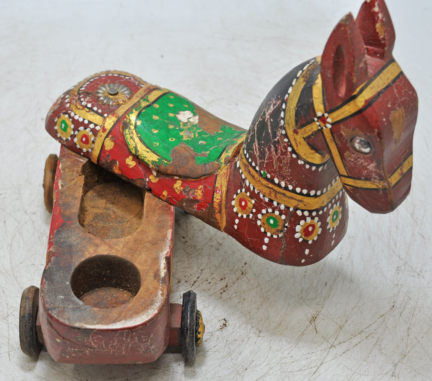 Hand Carved Wooden Horse on Wheels Figurine Spice Box Rustic Painted