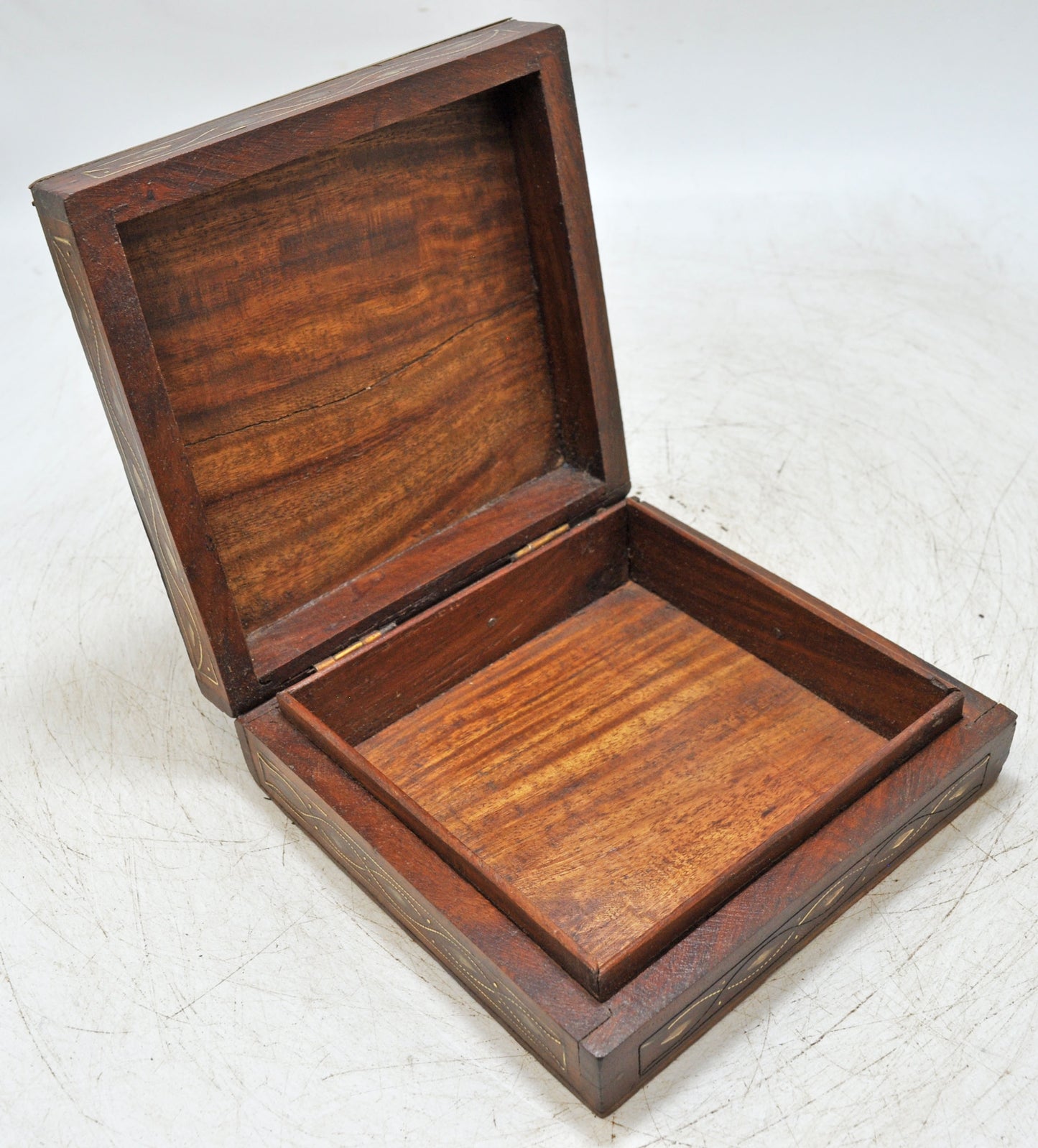 Vintage Wooden Square Small Storage Box Original Old Fine Brass Inlay Fitted