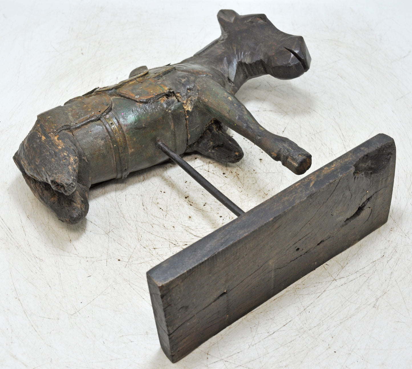 Vintage Wooden Horse Figurine on Stand Original Old Hand Carved Brass Fitted
