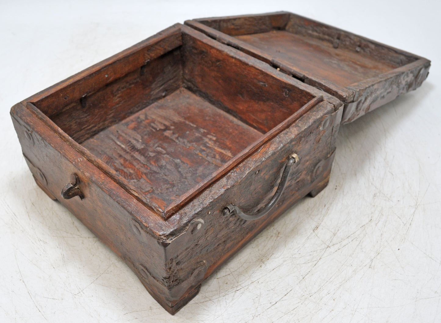 Vintage Wooden Square Storage Box Original Old Hand Crafted Metal Fitted