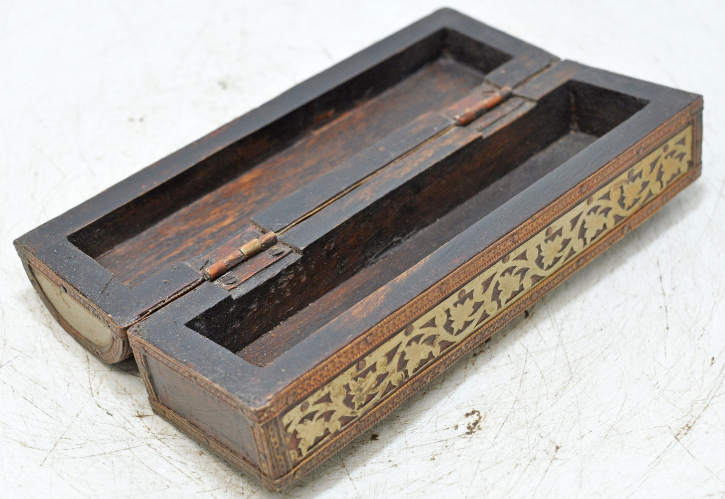 Vintage Wooden Pencil Stationary Box Original Old Hand Crafted Brass Fitted