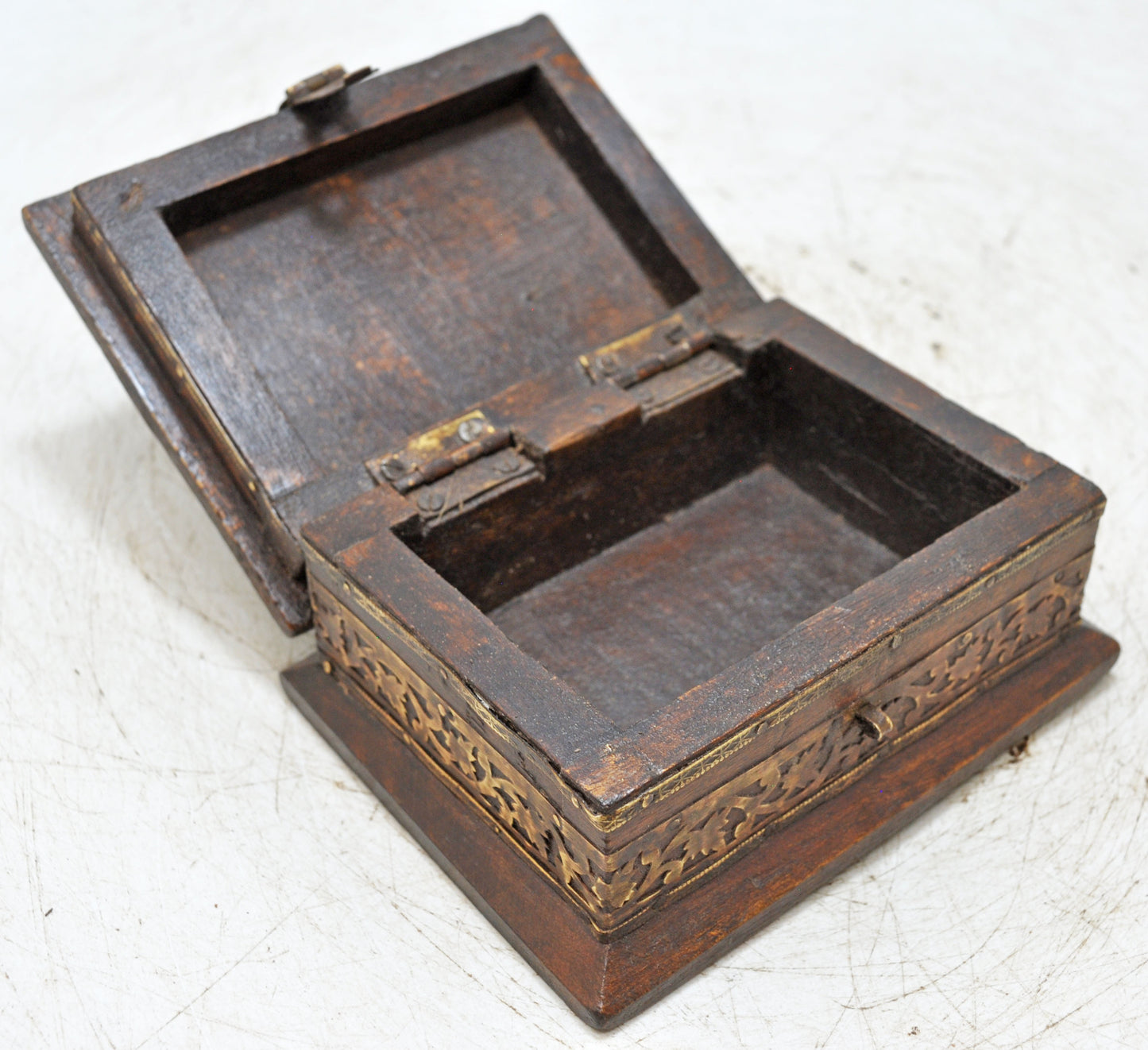 Vintage Wooden Small Square Jewelery Storage Box Original Old Fine Brass Fitted