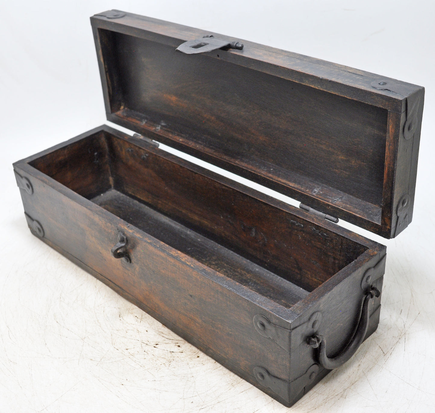 Vintage Wooden Long Storage Box Original Old Hand Crafted Metal Fitted