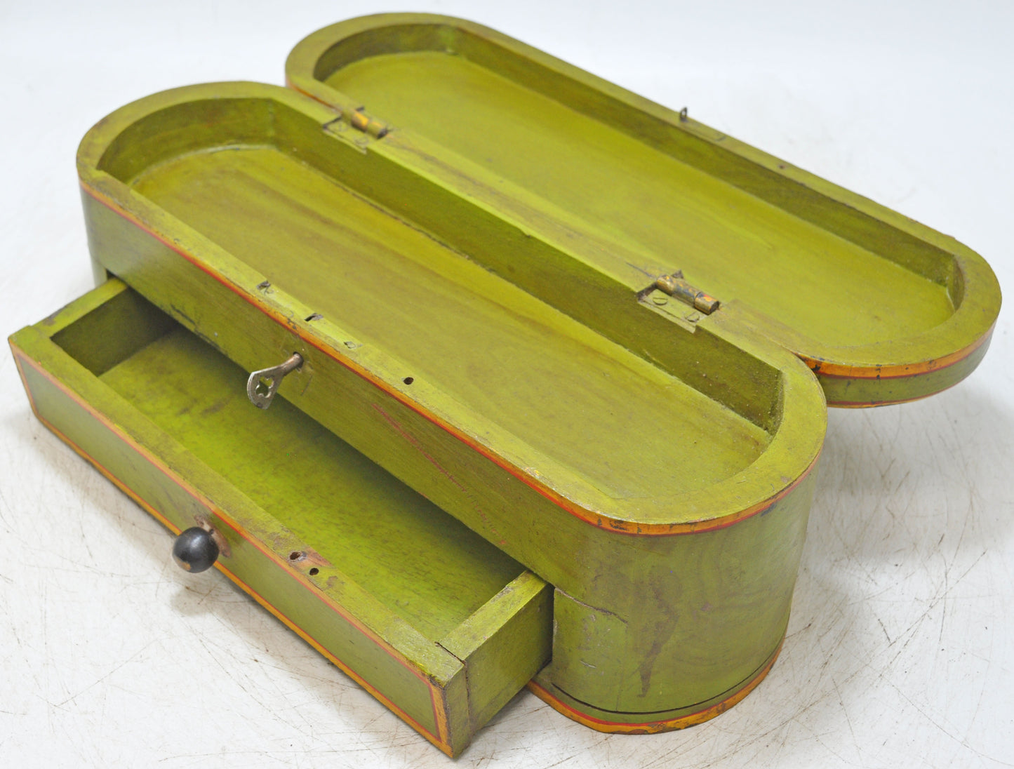 Vintage Wooden Oval Pencil Stationary Box Original Old Hand Crafted Painted