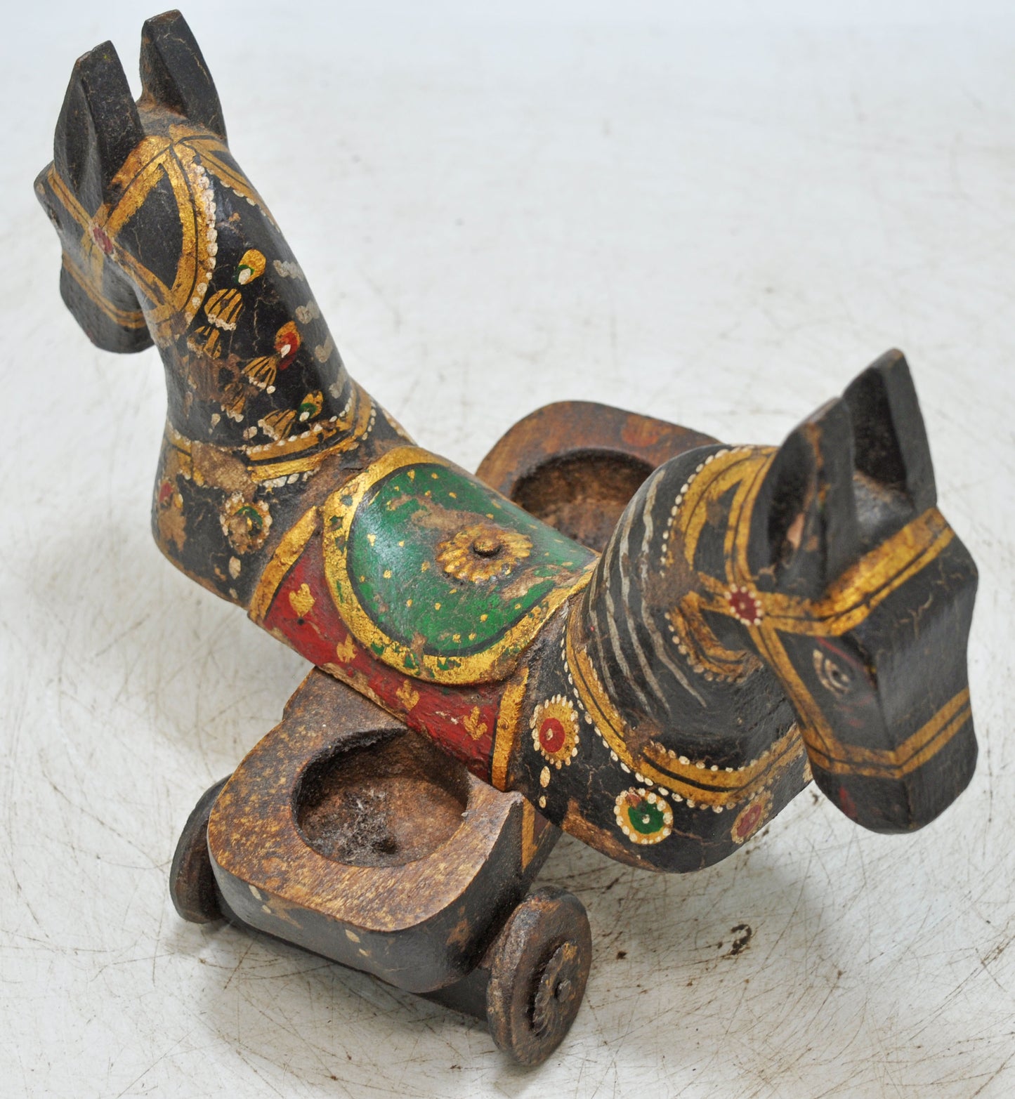 Vintage Wooden Horse on Wheels Figurine Spice Box Original Old Fine Carved Painted