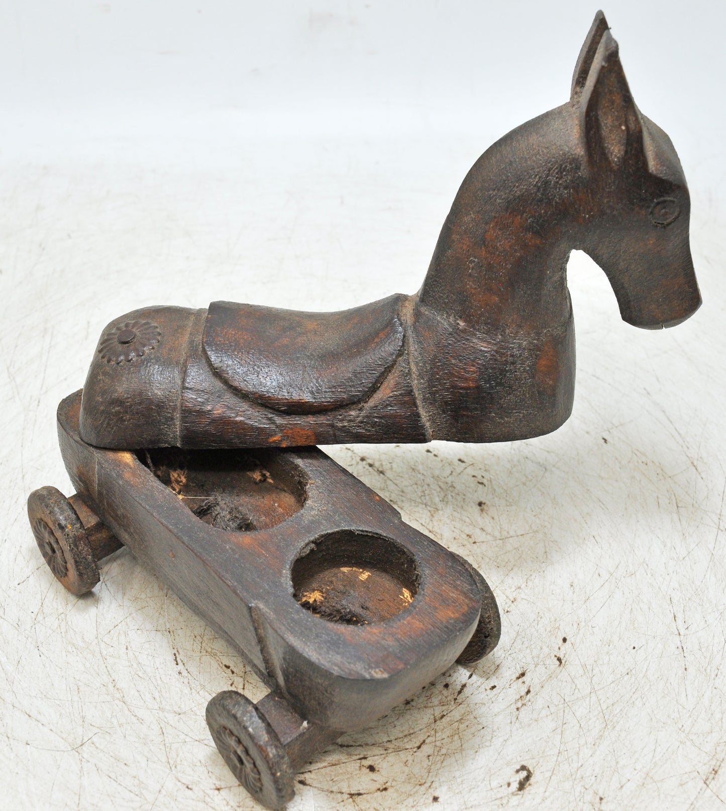 Vintage Wooden Horse on Wheels Figurine Spice Box Original Old Hand Carved