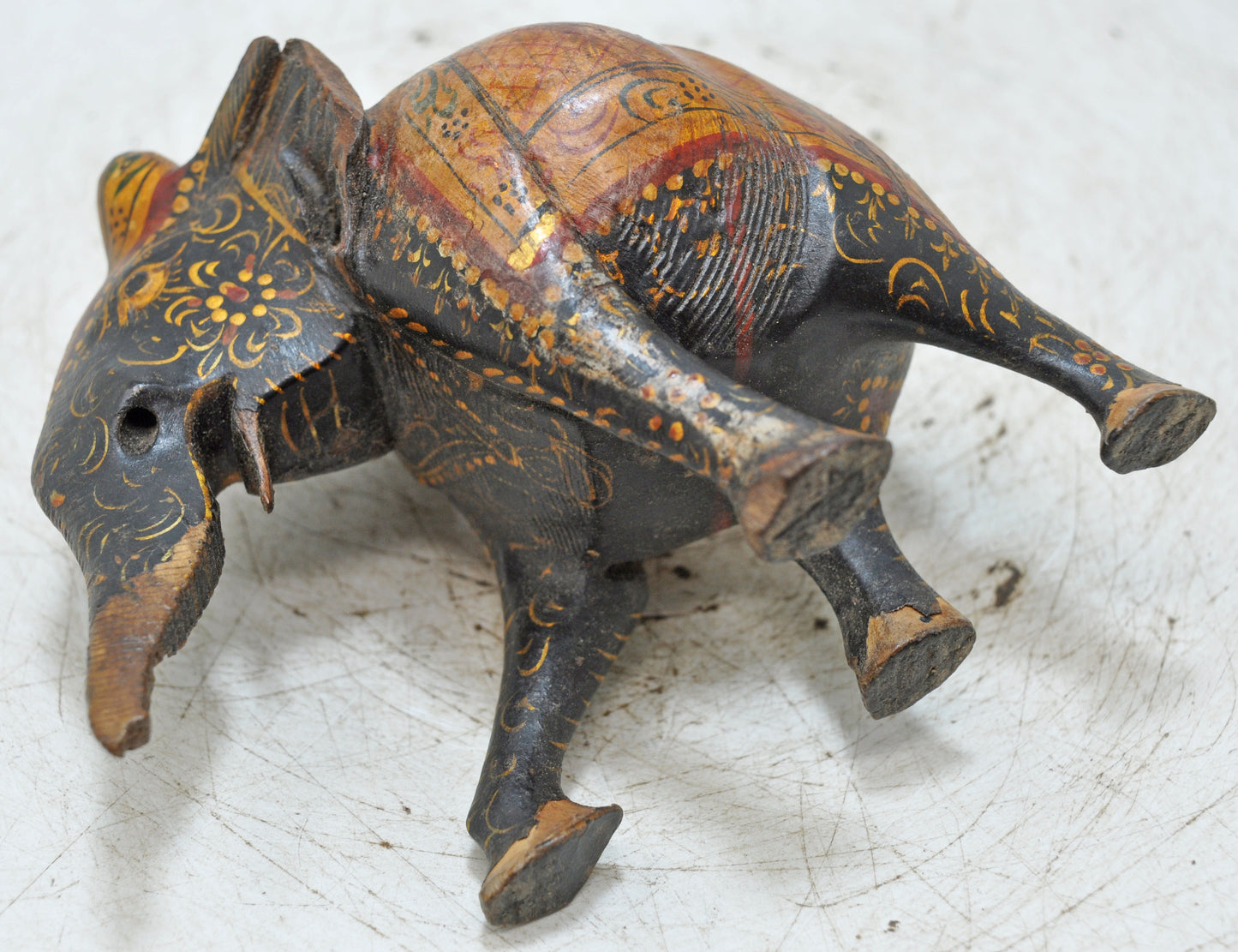 Antique Wooden Elephant Figurine Original Old Very Fine Hand Carved Painted