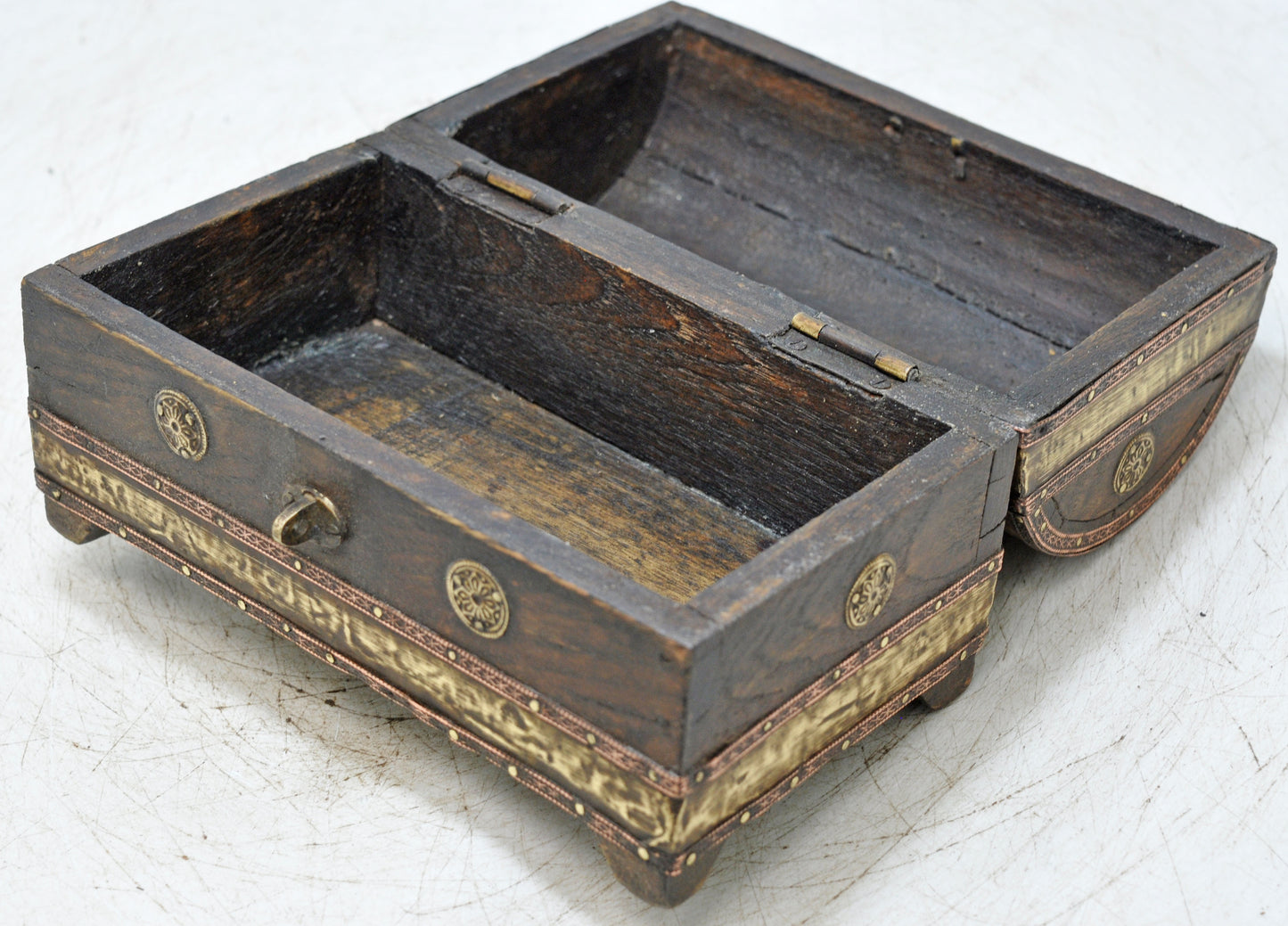 Vintage Wooden Half Round Top Small Storage Box Original Old Brass Fitted