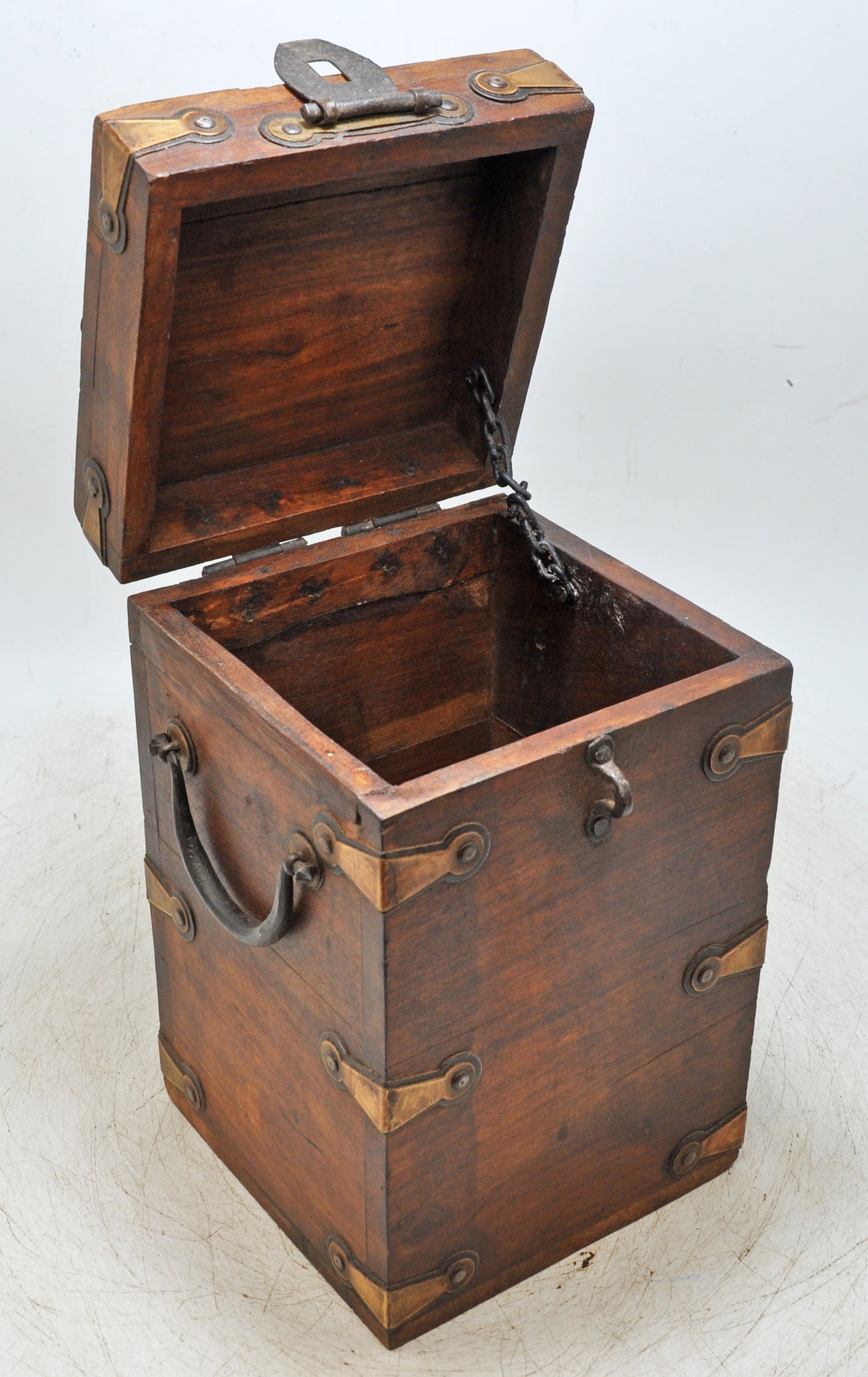 Vintage Wooden Tall Storage Box Original Old Hand Crafted Metal Fitted