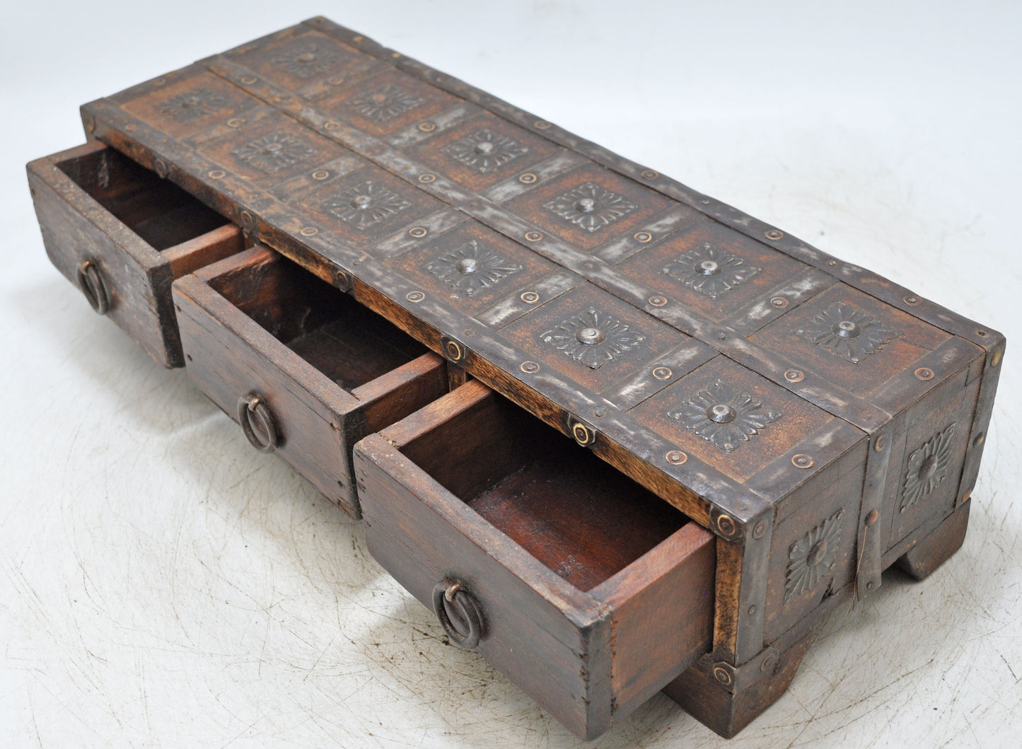 Vintage Wooden 3 Drawers Storage Box Original Old Fine Metal Fitted