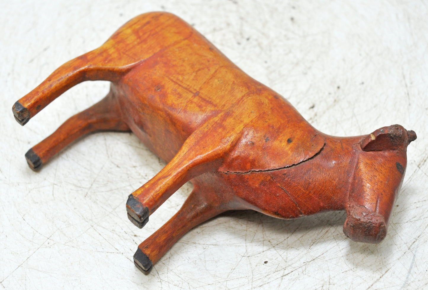 Vintage Wooden Cow Figurine Original Old Hand Carved