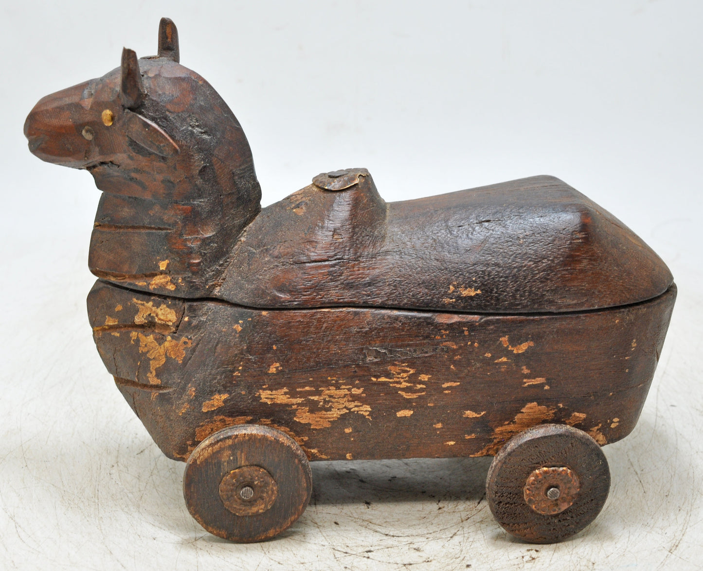 Antique Wooden Cow on Wheels Figurine Spice Box Original Old Fine Hand Carved
