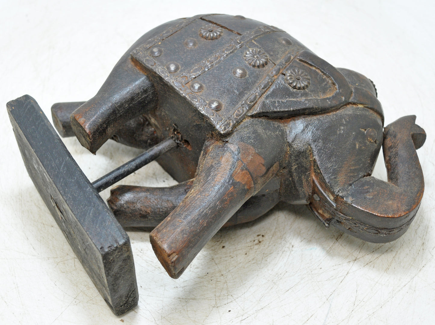 Antique Wooden Elephant Figurine Original Old Hand Carved Metal Fitted