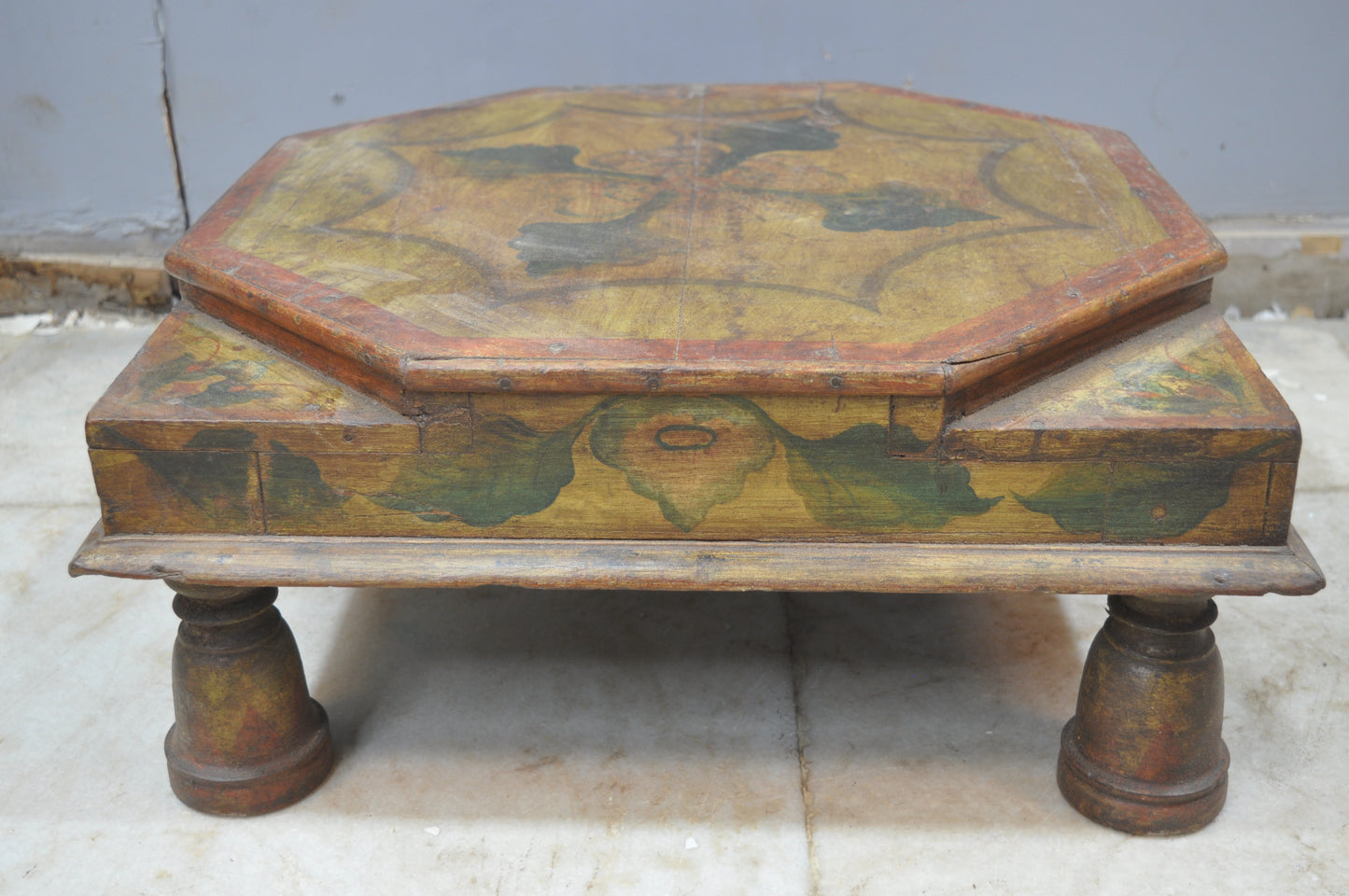 Antique Wooden Large Floor Sitting Bajot Low Stool Original Old Fine Hand Painted