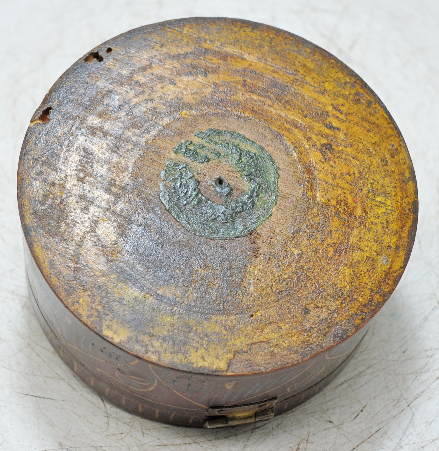 Antique Wooden Round Box Original Old Hand Crafted Very Fine Lacquer Painted