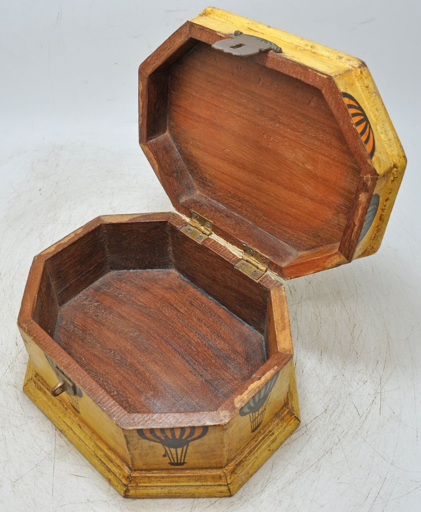 Vintage Wooden Octagonal Storage Box Original Old Hand Crafted Painted