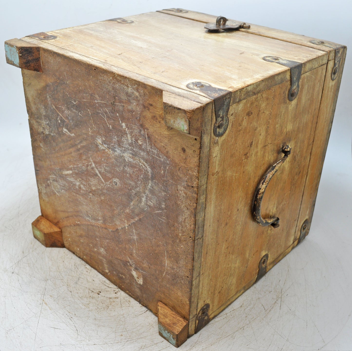 Vintage Wooden Square Storage Chest Box Original Old Hand Crafted Metal Fitted