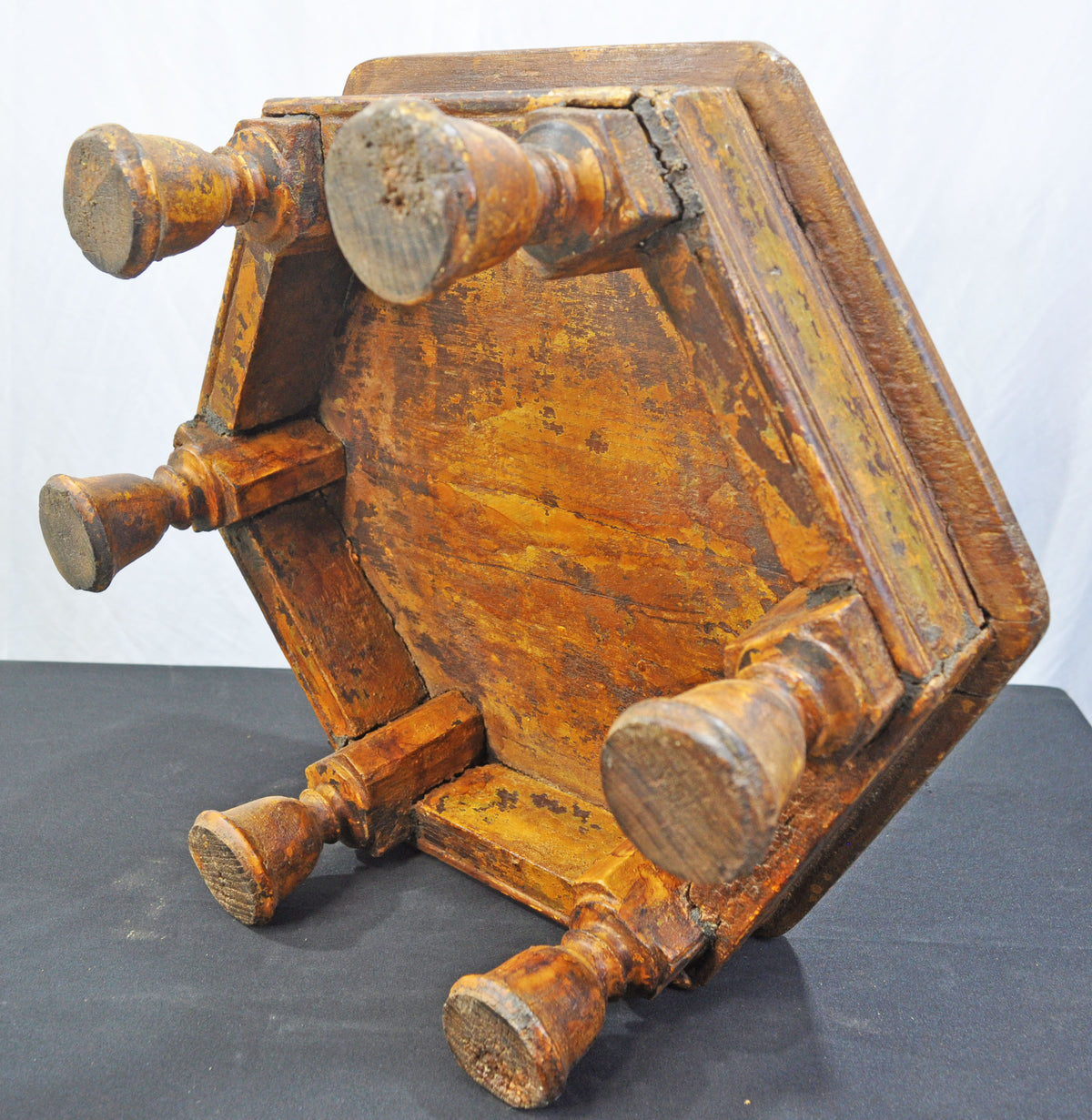 Antique Wooden Large Hexagonal Floor Sitting Bajot Lot Stool Original Old Polychrome Rustic