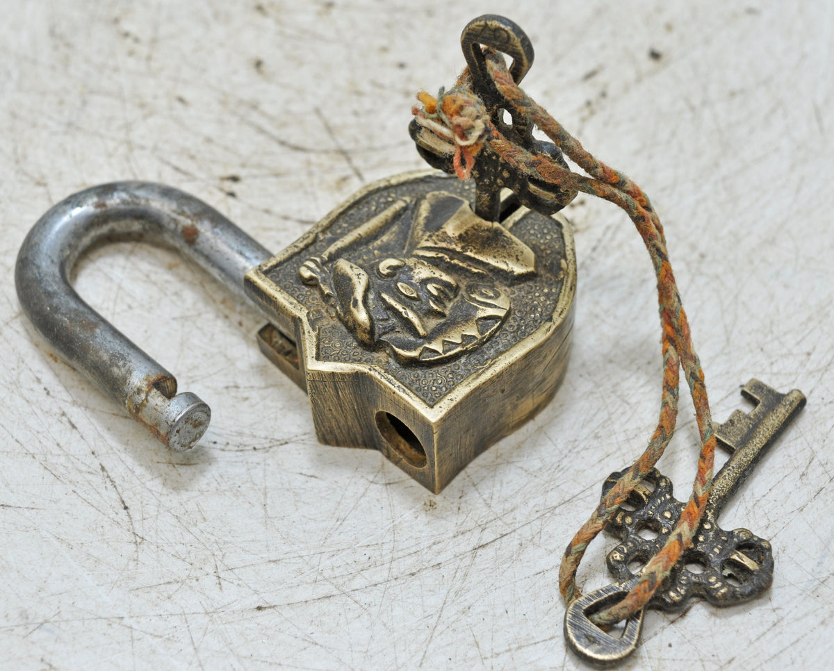 Antique Brass Pad Lock Original Old Hand Crafted Very Fine Engraved