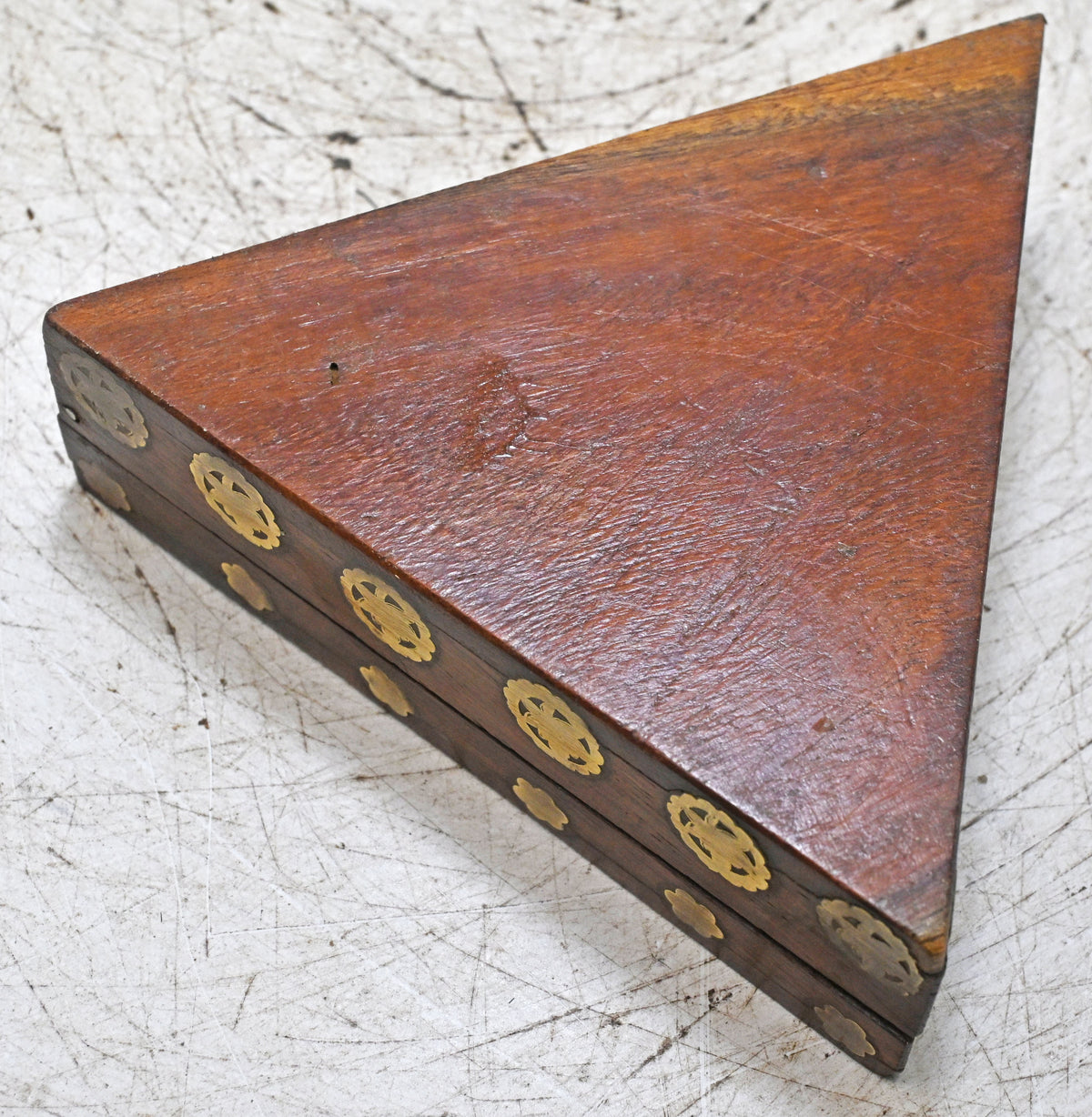 Vintage Wooden Triangle Small Box Original Old Hand Crafted Brass Fitted