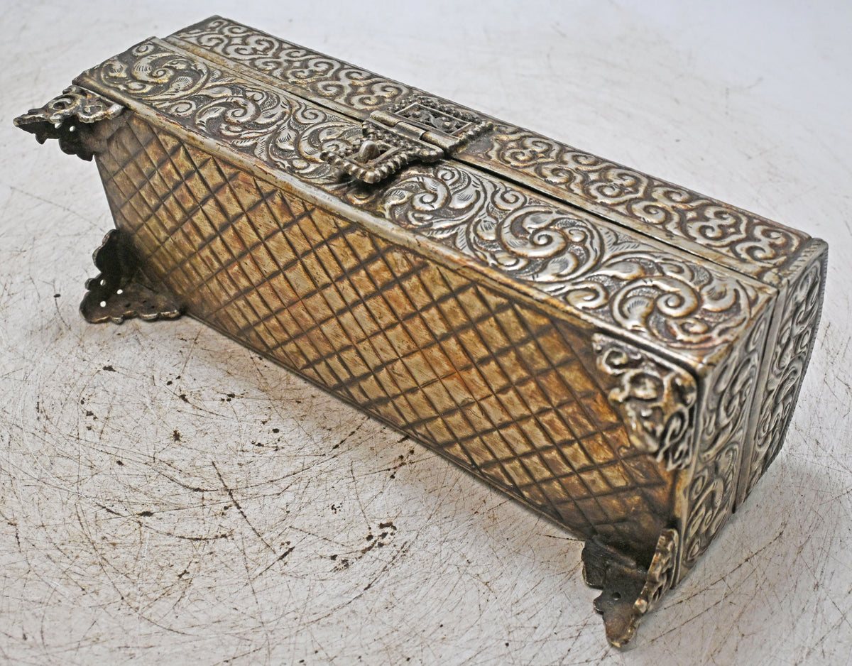 Vintage White Metal Long Storage Box Original Old Very Fine Embossed Hand Crafted