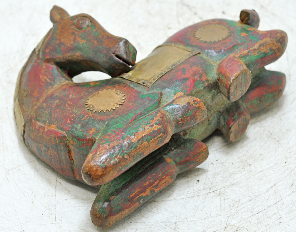 Vintage Wooden Sitting Horse Figurine Original Old Hand Carved Brass Fitted
