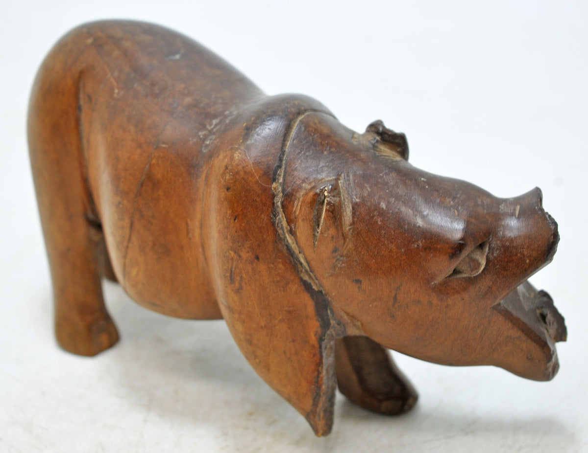 Vintage Wooden Hippopotamus Figurine Original Old Hand Carved