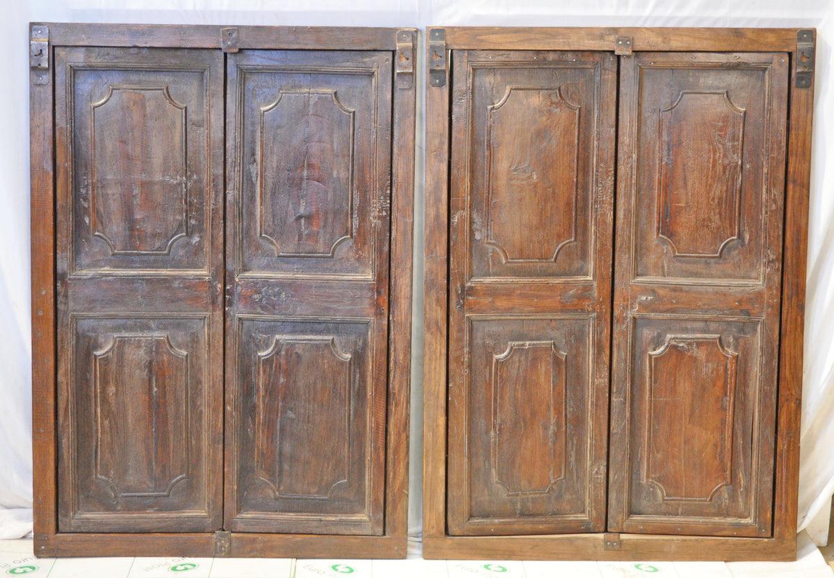 Antique Wooden Window Panel Frame Pair Wall Décor Fine Metal Fitted 2.5x3.5 ft