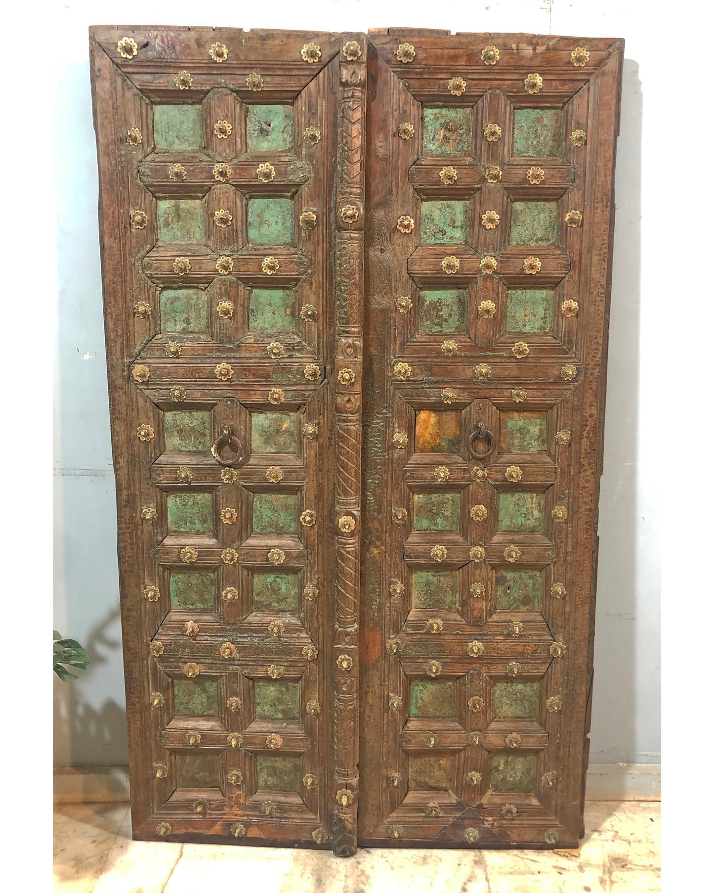 Antique Teak Wood Big Size Door Panels Pair 39x65 inches Original Old Fine Brass