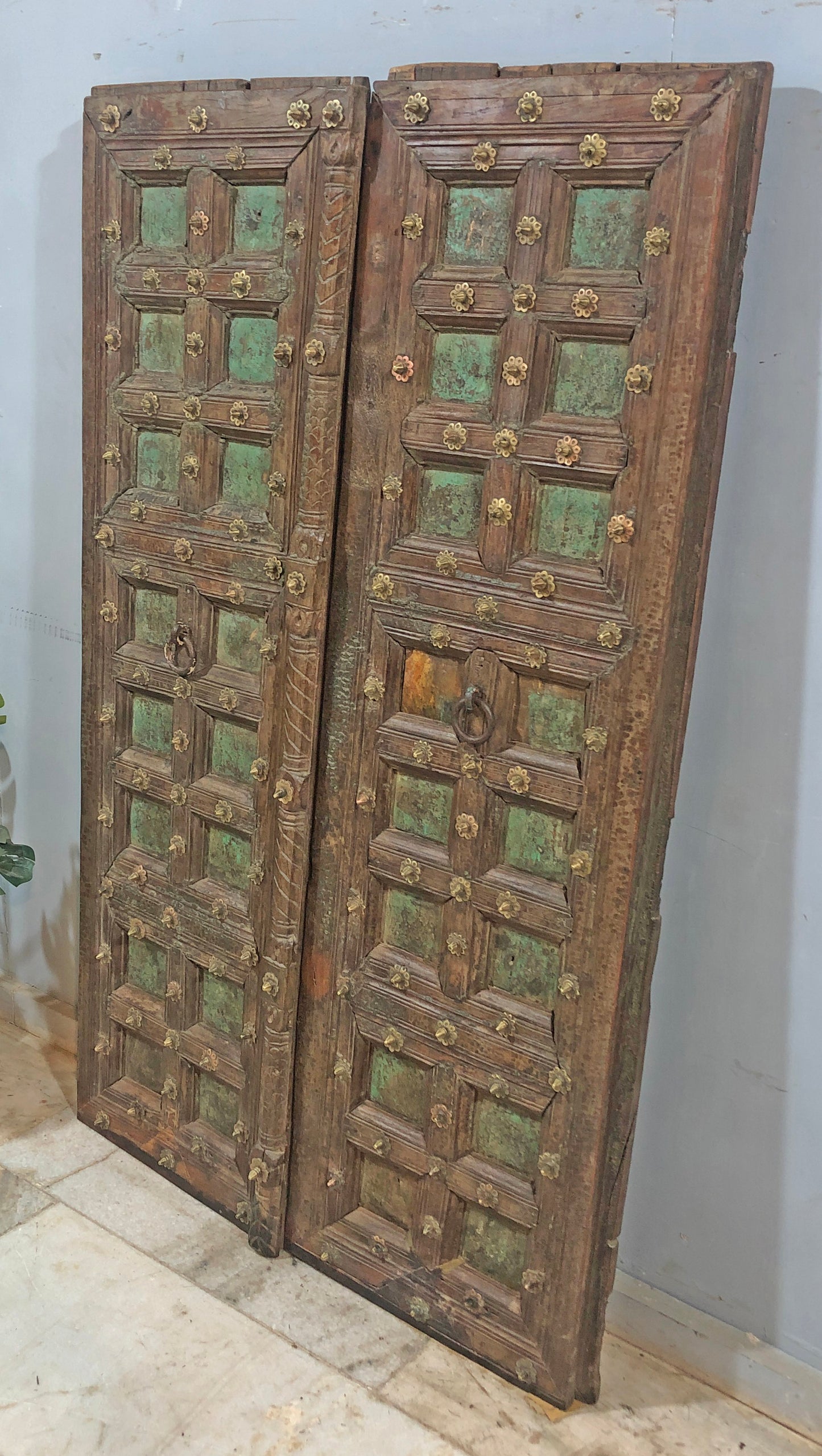 Antique Teak Wood Big Size Door Panels Pair 39x65 inches Original Old Fine Brass