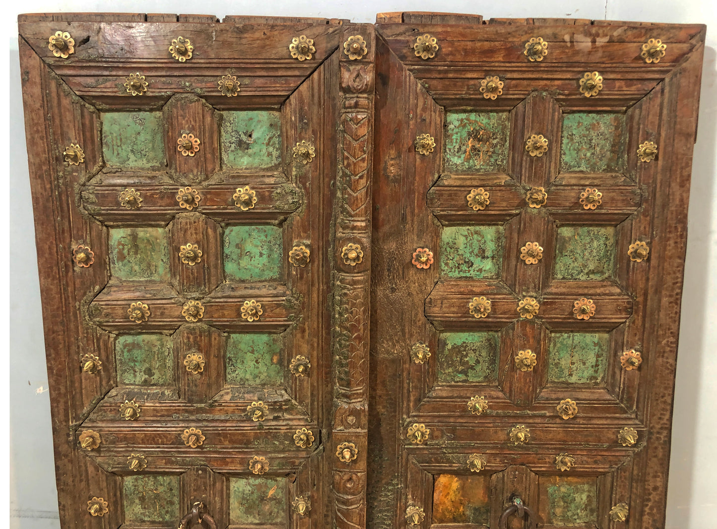 Antique Teak Wood Big Size Door Panels Pair 39x65 inches Original Old Fine Brass