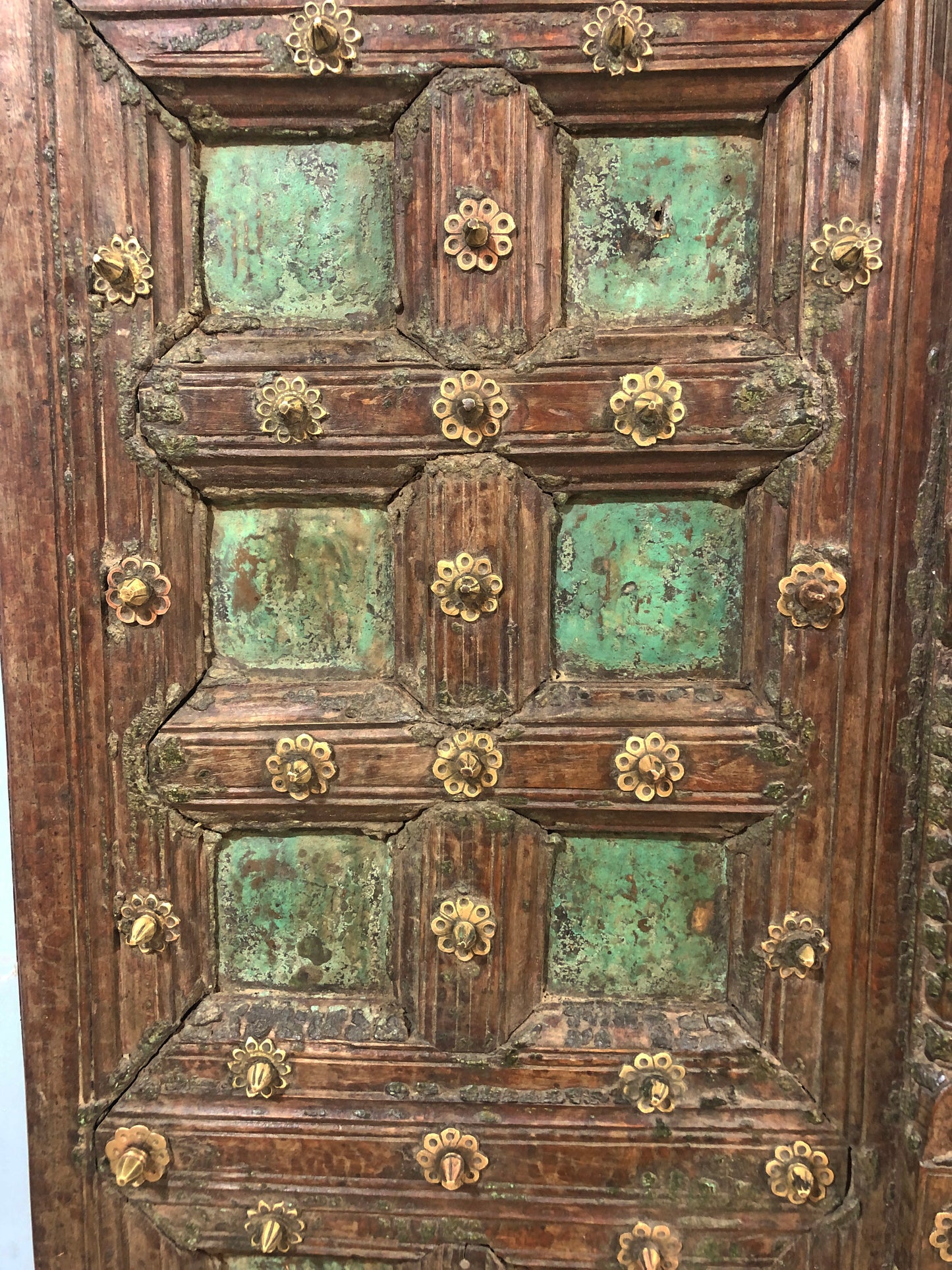 Antique Teak Wood Big Size Door Panels Pair 39x65 inches Original Old Fine Brass