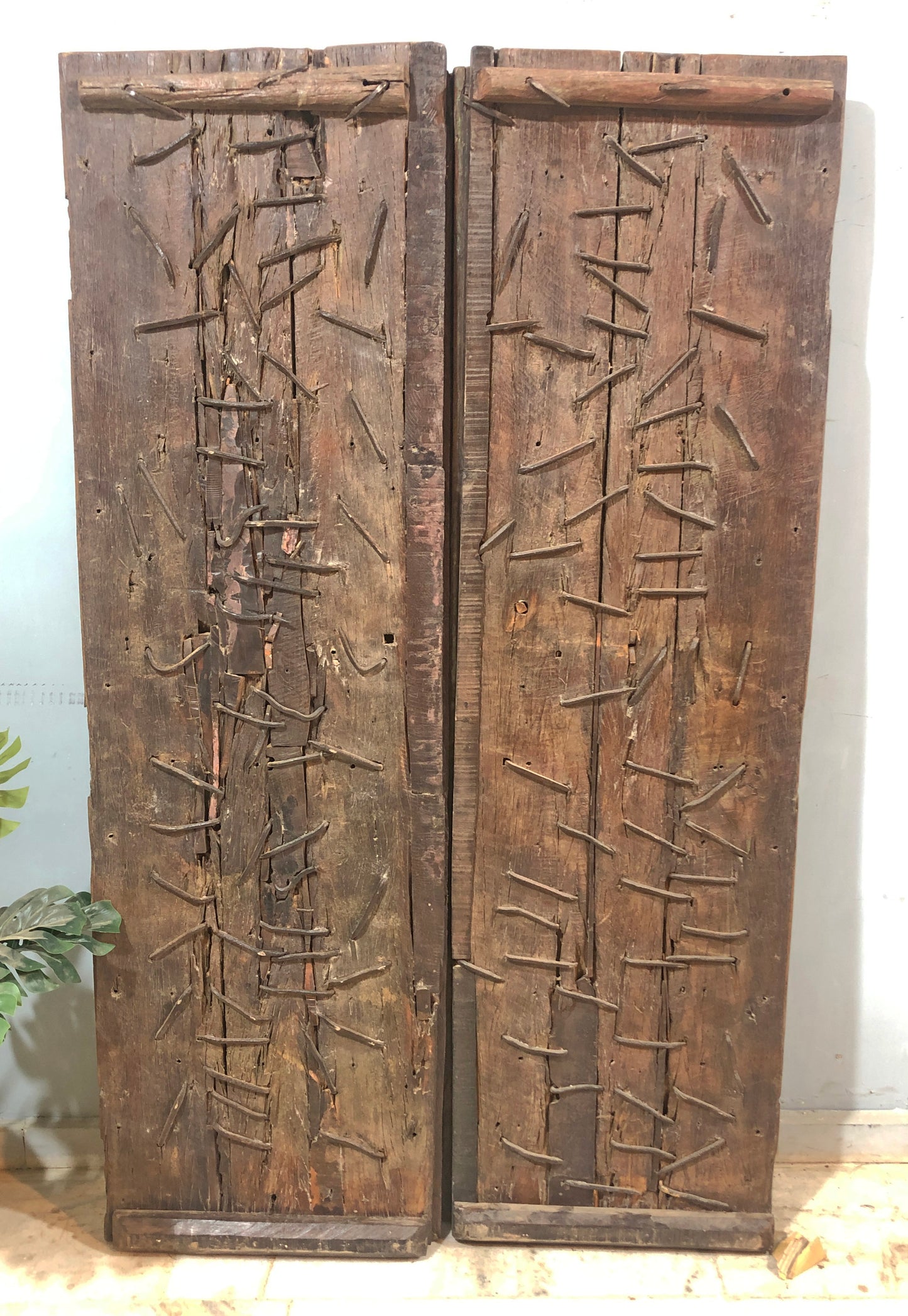 Antique Teak Wood Big Size Door Panels Pair 39x65 inches Original Old Fine Brass