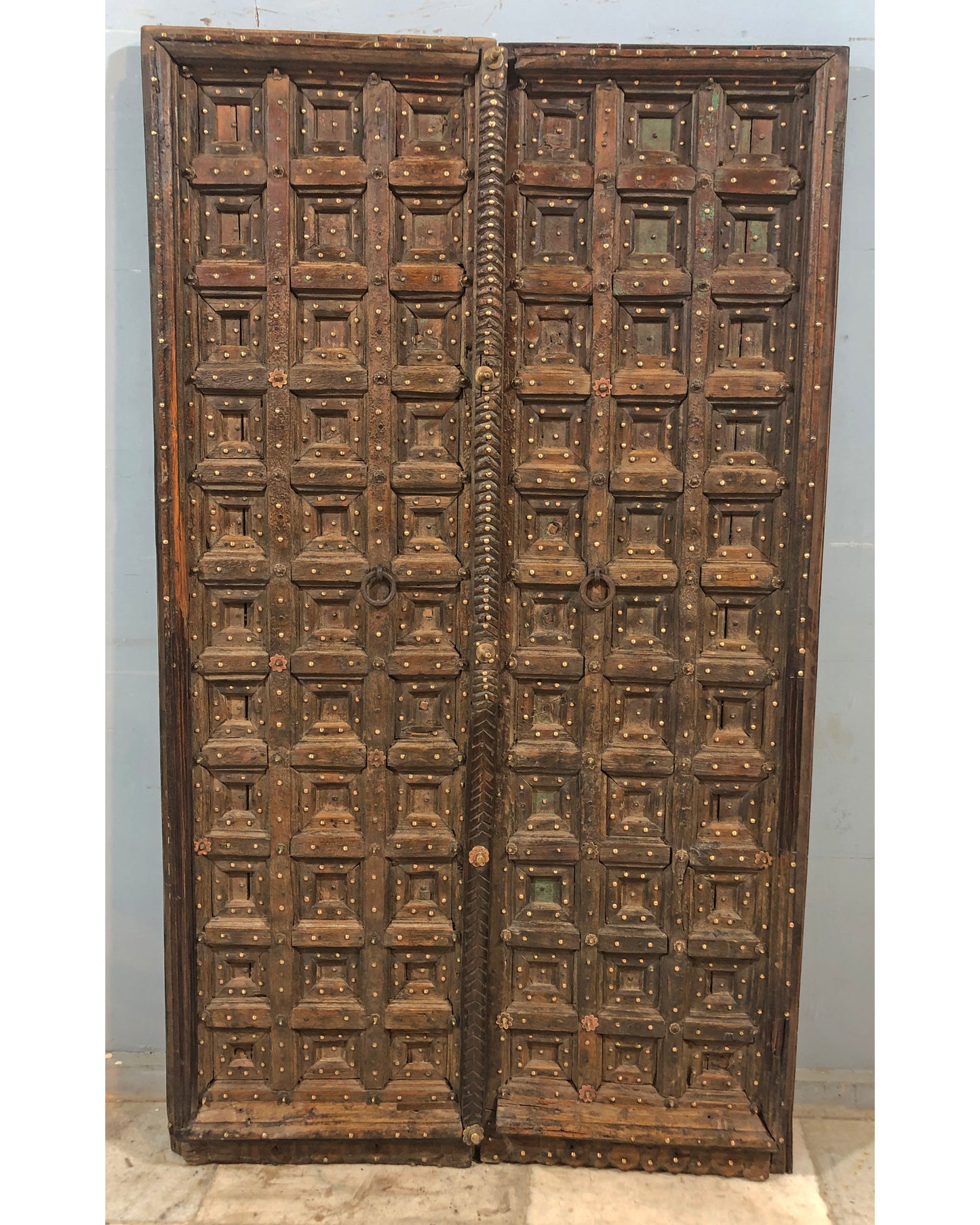 Antique Teak Wood Heavy Big Size Door Panels Pair 3.5x6 feet Original Old Brass