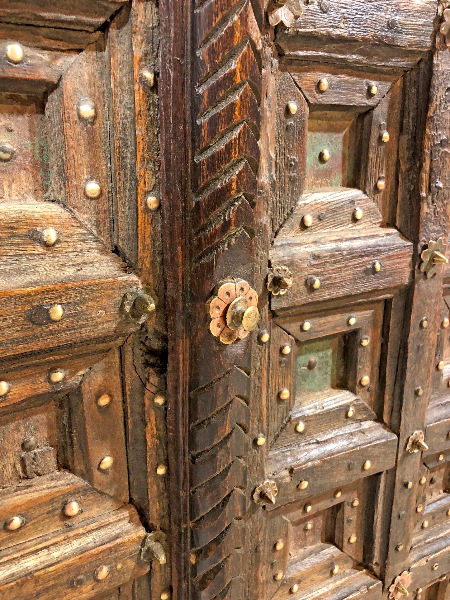 Antique Teak Wood Heavy Big Size Door Panels Pair 3.5x6 feet Original Old Brass